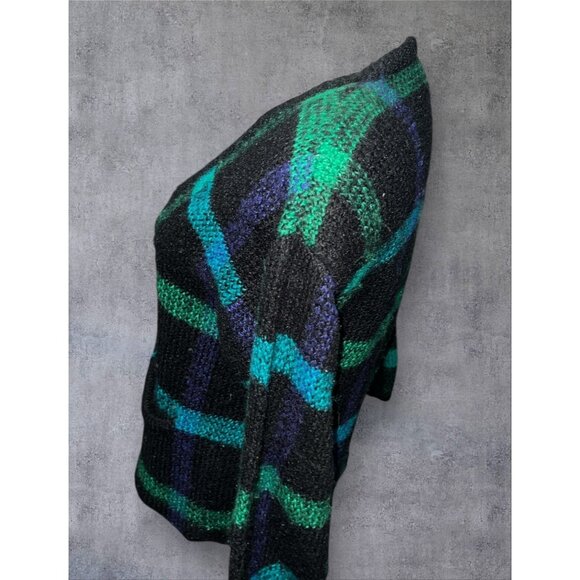 Vintage TJW By Mervyns Black & Green Plaid Knit Cardigan Sweater Size Large Pock - Picture 11 of 16